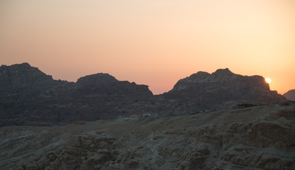 Sunset behind mountains, Wadi Musa, Jordan