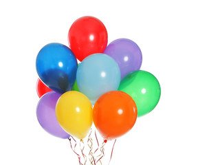 Bunch of bright balloons on white background