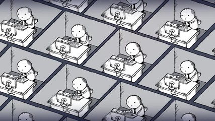 Office employees in cubicles. Cartoon workers in a big office. They are working all day with no break. Seamles loop of the futuristic society.