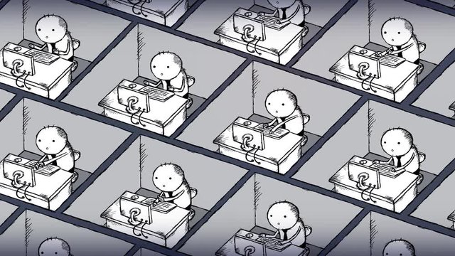 Office employees in cubicles. Cartoon workers in a big office. They are working all day with no break. Seamles loop of the futuristic society.