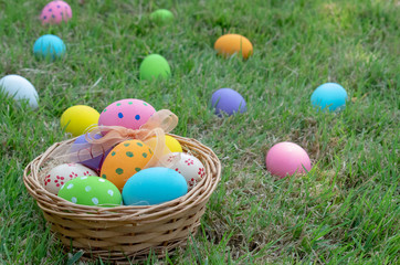 Happy Easter. Easter eggs concept. The colorful of Easter eggs in nest on grass green background.