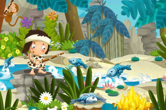 Cartoon scene with prehistoric fishermen near the river fishing - illustration for children