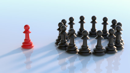 Leadership concept, red pawn of chess, standing out from the crowd of blacks