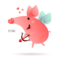 valentines day flying pig with wings and heart nose