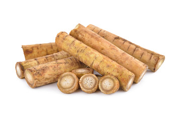 fresh burdock root or Gobo stick and sliced on white background