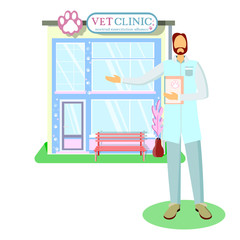 Veterinary medicine or hospital, clinic for animals. Shop or store for vet or veterinarian to cure ill or sick pets disease. Healthcare or treatment for wild or domestic animals. Facade exterior view