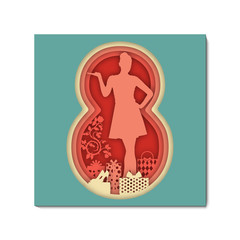 Obraz premium 3d abstract paper cut retro style illustration of colorful paper art 8 march, roses, gifts, shoes and red eight shape. Greeting 8 march card template in paper art style.