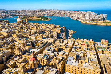 Aerial view of Valletta city - capital of Malta country, Manoel island and Sliema. Winter, Morning.
