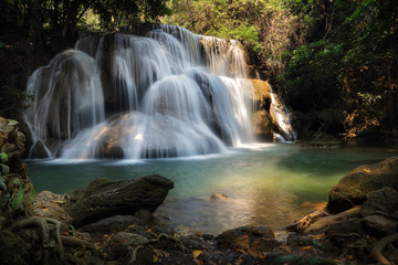 A beautiful view of Huay Mae khamin waterfall at Kanchanaburi province in Thailand. traveling and attractions concept