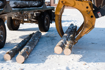 Tractor loads logs. Logs taken away. The manipulator loads the logs. Trees sawed.