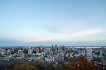 Montreal skyline, with the iconic buildings of the Downtown and the CBD business skyscrapers taken from the Mont Royal Hill. Montreal is the main city of Quebec, and the second city in Canada