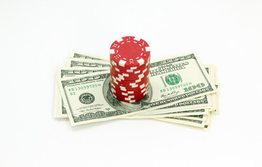 Poker chips and dollar Money bills. Isolated on white background 