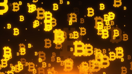 Many gold bitcoin symbols are in space, business 3d rendering background, golden internet backdrop
