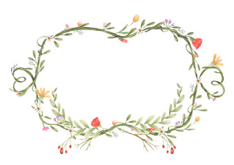 Watercolor frame of flowers, vine, leaf. Botanic ornament concept. Painting on white background. Isolated illustration for your unique decoration with greeting card, valentine card, wedding card.