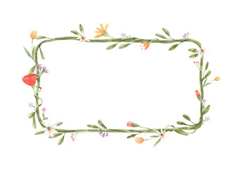 Watercolor frame of flowers, vine, leaf. Botanic ornament concept. Painting on white background. Isolated illustration for your unique decoration with greeting card, valentine card, wedding card.
