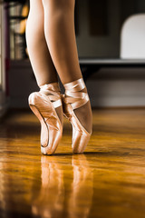 Pointe shoes for Ballet, some leg showing dramatic lighting.
