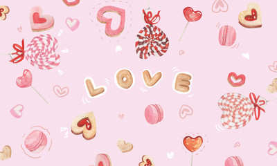Watercolor sweets Set with heart candy, lollipops, pink sweets.  Isolated on pink background.