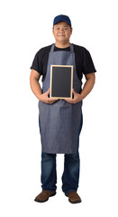 worker man or Serviceman in Black shirt and apron is holding chalkboard isolated