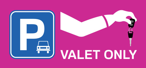 Valet hand holding car key with parking sign