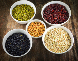 whole grains seeds various lentils with mung bean , black bean , red kidney bean , soybean and Job's tears
