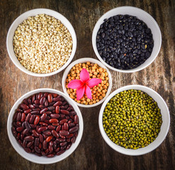 whole grains seeds various lentils with mung bean , black bean , red kidney bean , soybean and Job's tears