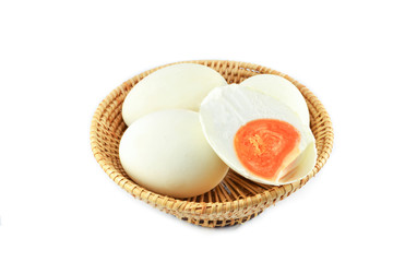 White duck eggs in basket isolated on white background / Salted egg