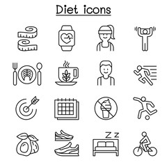 Losing weight, Diet, Exercise icon set in thin line style