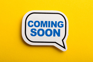 Coming Soon Speech Bubble Isolated On Yellow Background