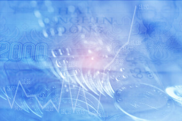 Obraz premium Double exposure Rows of coins of Credit cards on the table,finance and business concept,Money,soft focus and blurred style,dark tone.