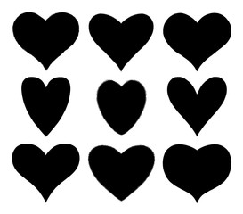 Set of nine hand drawn illustrations of the heart with soft, uneven edges. Isolated on white background.