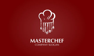 Use this logo for a chef, restaurant, catering or any food related services. Vector logo illustration. Clean and modern style on red background.