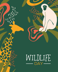 Wildlife Day safari card with wild animals - obrazy, fototapety, plakaty