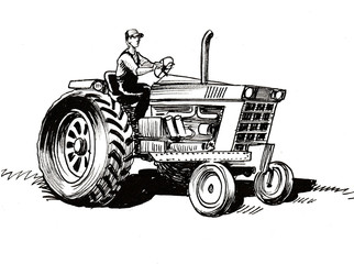 Farmer on vintage tractor. Ink black and white drawing