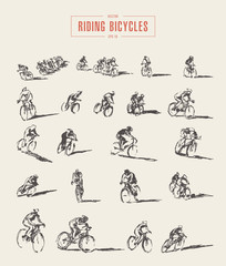 Fototapeta na wymiar Set hand drawn bicyclist rider men vector sketch