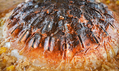 Scorched pan hot after cooking grilled pork barbecue on the pan / Burning stain