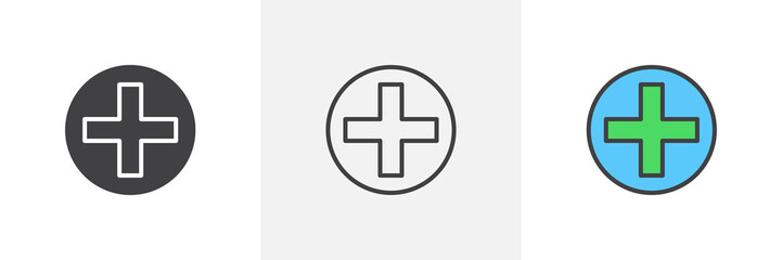 Medical cross icon. Line, glyph and filled outline colorful version, add plus outline and filled vector sign. Hospital symbol, logo illustration. Different style icons set. Pixel perfect vector 