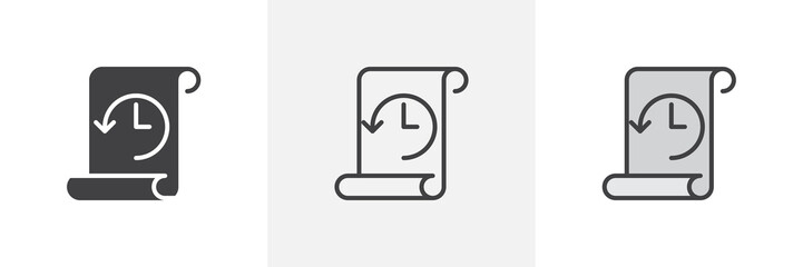 Paper scroll with clock and arrow icon. Line, glyph and filled outline colorful version, History time backup outline and filled vector sign. Symbol, logo illustration. Different style icons set. 