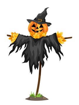 A halloween Scarecrows with a Jack O Lantern head.