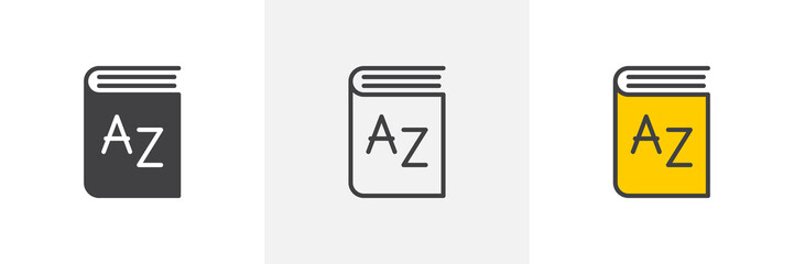 Dictionary book icon. Line, glyph and filled outline colorful version, alphabet book outline and filled vector sign. Symbol, logo illustration. Different style icons set. Pixel perfect vector graphics