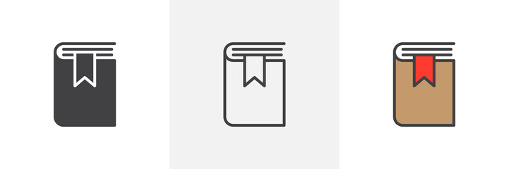 Book with bookmark icon. Line, glyph and filled outline colorful version, bookmarked book outline and filled vector sign. Symbol, logo illustration. Different style icons set. Pixel perfect vector 