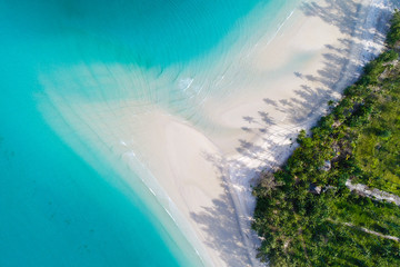 Aerial view blue sea white sand beach with coconut palm tree