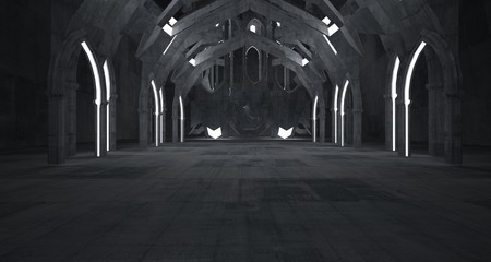 Abstract  concrete gothic interior with neon lighting. 3D illustration and rendering.