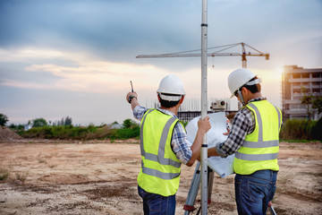 Surveyor equipment. Surveyor’s telescope at construction site, Surveying for making contour plans...