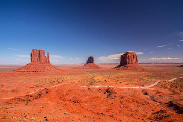 Monument Valley. Navajo Tribal Park. Red rocks and mountains. Located on the Arizona–Utah border. USA