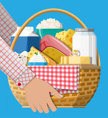 Milk products set in wicker basket with cheese, cottage and butter. Dairy food. Tradicional fresh farm products. Vector illustration in flat style