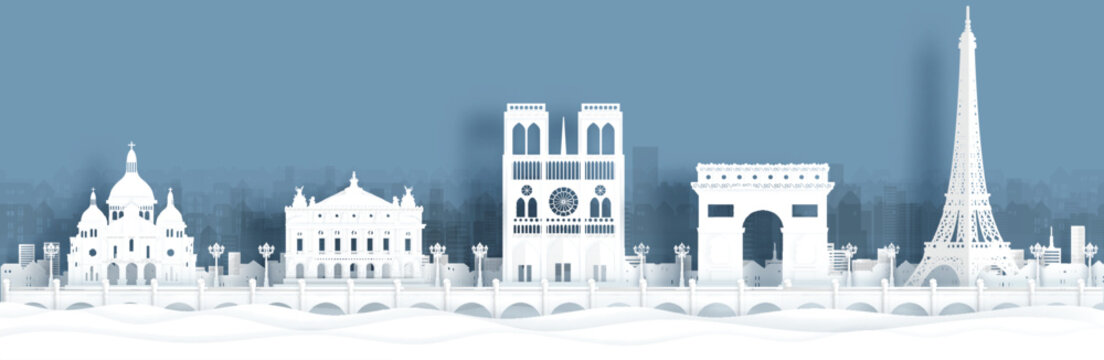 Panorama view of Paris, France skyline with world famous landmarks in paper cut style vector illustration