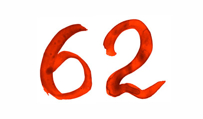 The number 52, painted with a brush in watercolor. Vintage symbol made by hand.