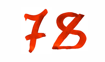 The number 78, painted with a brush in watercolor. Vintage symbol made by hand.