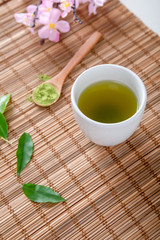 wooden plate spoon drink powder cloth white top