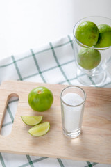 wooden plate spoon drink powder cloth white top